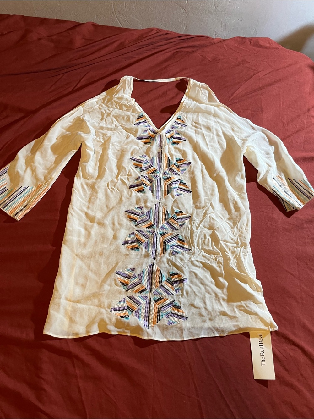 Embroidered Open Shoulder Ivory Tunic with Multicolor Geometric Accents